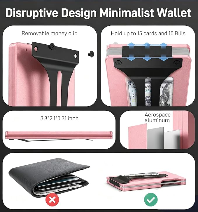 Minimalist Wallet for Men, Slim Metal RFID Blocking Wallet Credit Card Holder Money Clip & Cash Strap, Scratch-Resistant Holds 15 Cards,Ideal Gift for Men | Matte Pink - Image 7