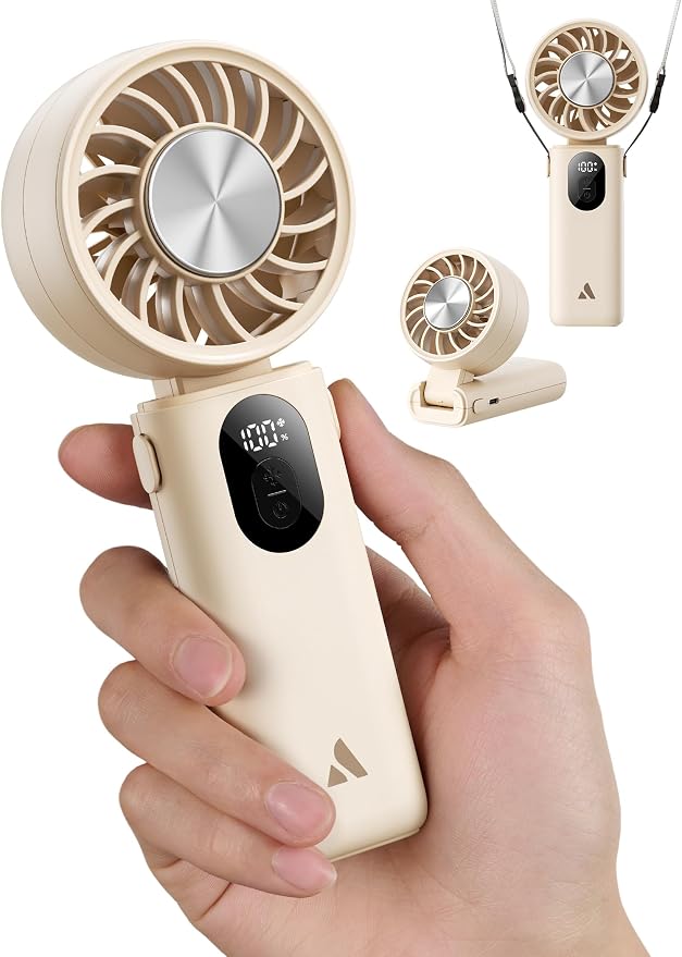 Aecooly Mighty Portable Handheld Fan with Cooling Plate | 20H Max Cooling | 3 Flexible Modes | 5 Speeds Wind | Battery Level Display | Mini Personal Battery Powered, Gifts for Women, Travel-Beige by Aecooly