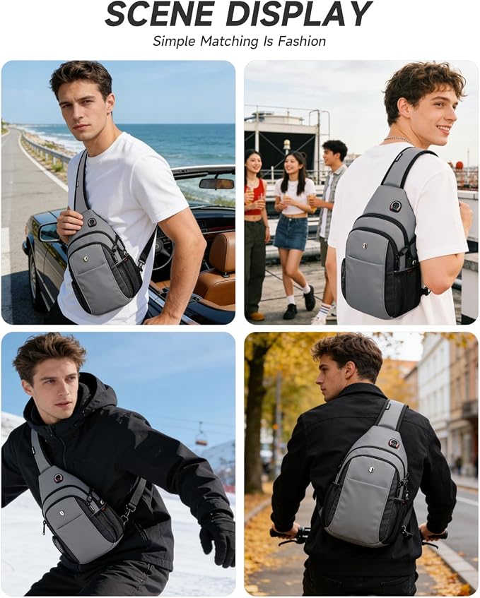 Anti-Theft Sling Bag for Men, Water Resistant lightweight Crossbody Backpack With Side Pocket, Built-in Audio Port, Reversible Strap, Travel Hiking Chest Pack Fits 11 inch iPad & Switch 2 - Image 2