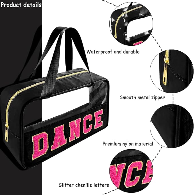 Bunliuys Chenille Letter Clear Makeup Bag Dance Patch, Travel Toiletry Makeup Bag with Handle, Nylon Waterproof Makeup Bags clear cosmetic bag, preppy patch makeup bag for Women (DANCE-Black) - Image 3