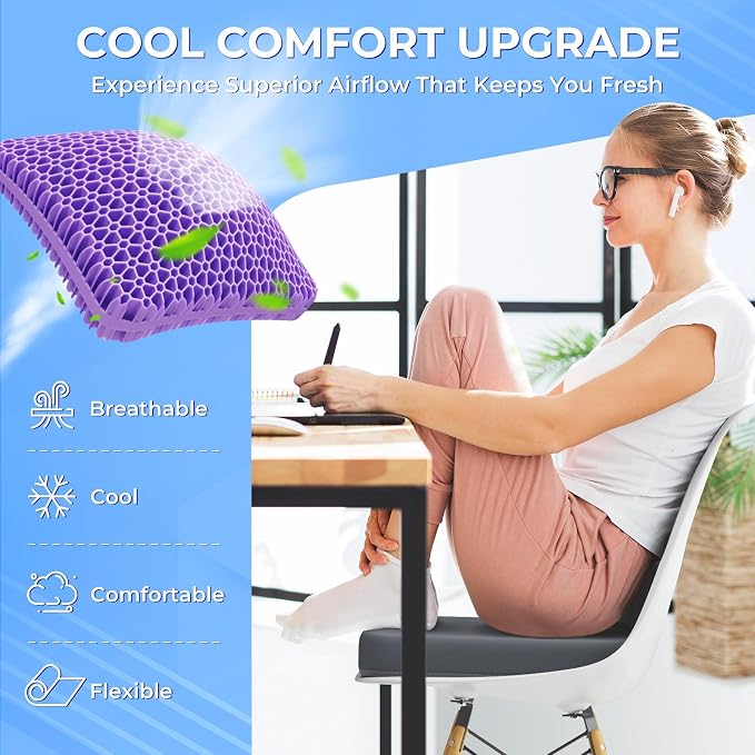 TushGuard Gel Seat Cushion for Long Sitting, Breathable Thick Patent Design | Enlarged Cooling Chair Pad for Office Chair, Wheelchair, Desk Chair, Supportive Car Cushion (Standard, Grey+Violet) - Image 3