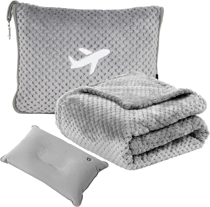 Travel Blanket Airplane Compact with Bag, Travel Essentials 3 in 1 Packable Airplane Blanket, Travel Pillow and Blanket Set, Inflatable Pillow, Luggage Sleeve & Backpack Clip (Light Grey) by Nenolix