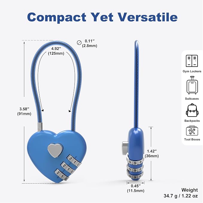 3 Digit Combination Lock, Combo Cable Lock with Code, Small Padlock Combination with Cable, for Luggage, Suitcase, Gym Locker, Backpack Bag Zipper, Cabinet, Mailbox, Outdoor Fence Gate - Image 3