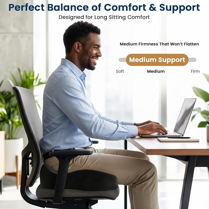 BlissTrends Memory Foam Seat Cushion for Office Chair & Car Seat, Black | 4.7in Ergonomic Tailbone & Sciatica Support with Removable Velvet Cover for Pressure Relief and Long Sitting Comfort - Image 2