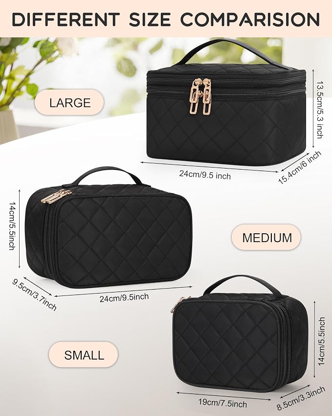 Relavel Large Travel Makeup Bag with Separate Makeup Brush Compartment | Make Up Pouch for Women with Double Layer Design, Portable Toiletry Organizer Bag with Handle for Short Trip, Black - Image 3