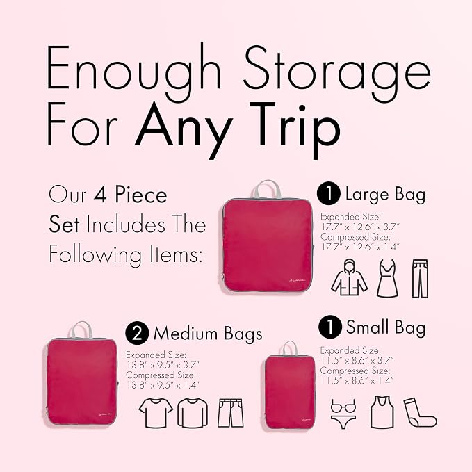 (Not Made In China) Compression Packing Cubes For Travel, Suitcase and Luggage Space Saver Organizer Bags, Lightweight, Waterproof Nylon, Durable, 4pc Set, Plum - Image 2