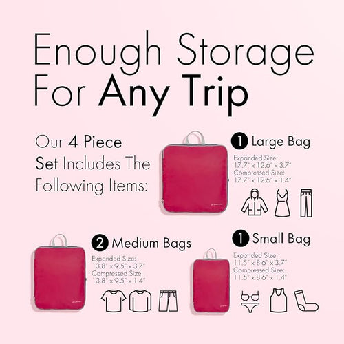 (Not Made In China) Compression Packing Cubes For Travel, Suitcase and Luggage Space Saver Organizer Bags, Lightweight, Waterproof Nylon, Durable, 4pc Set, Plum - Image 2
