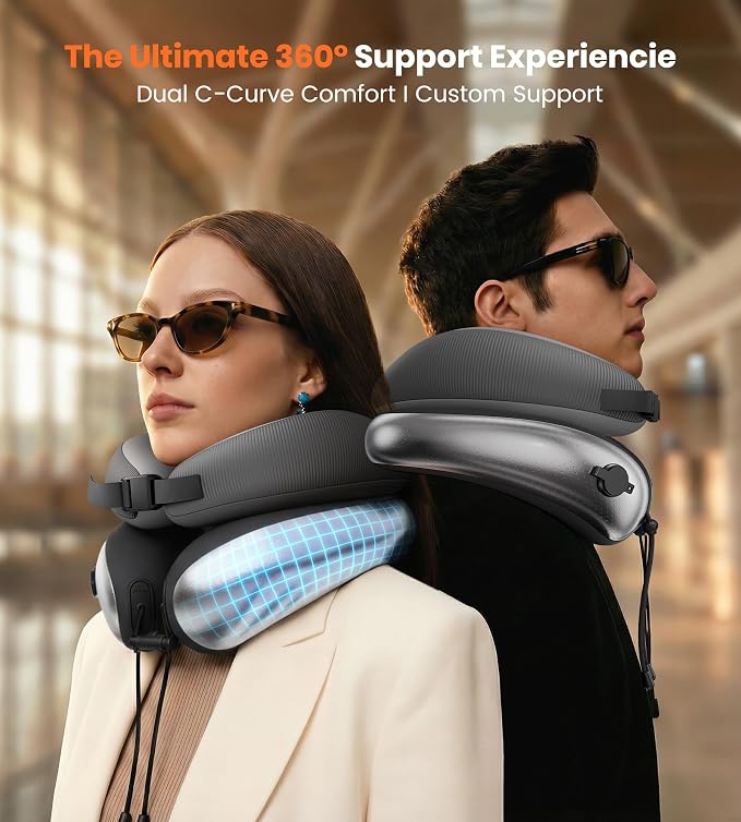 Neck Pillow for Traveling, Travel Pillows for Airplanes, Adjustable Neck Pillow Airplane Travel Essentials - 2 Layer Patented | Inflatable Air Loop & Memory Foam for 360° Ergonomic Support - Image 3