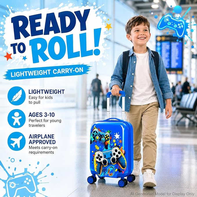 Boys Suitcase, Lightweight Hardshell Spinner Kids Luggage Set 2PCS with Wheels - Airplane Approved Carry-On for Children Ages 3-10, Energetic Game Rolling Suitcases for Elementary Toddler Travel - Image 8