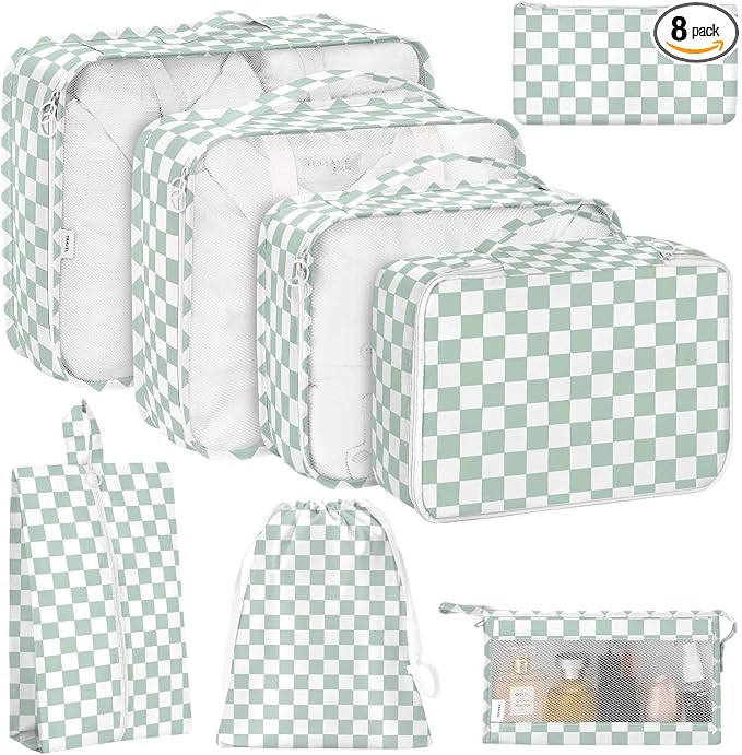 KPX 8 Set Packing Cubes for Travel, Luggage Packing Organizers Accessories Large Toiletries Bag for Clothes Shoes Cosmetics (8Set-Green Checkered) by KPX