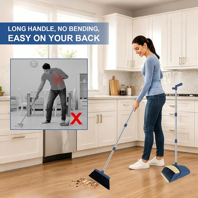 Broom and Dustpan Set, 51" Long Handle Broom with Mini Set Navy Blue | Mini Set for Tables, Kitchens & Tight Spaces, Built-in Comb Dustpan, Foldable Space-Saving Storage, Multi-Surface Use - Image 4