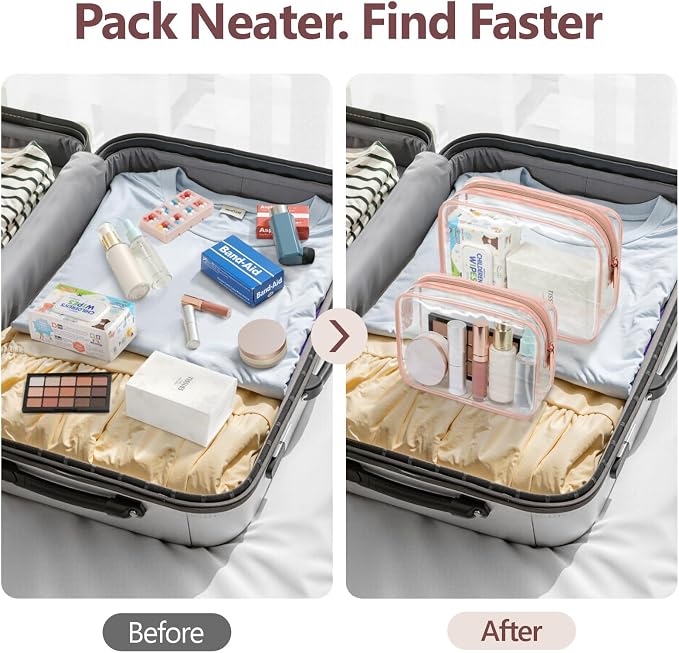 Clear Makeup Bag Travel - TSA Approved Toiletry Bag, 2 Rose Pink | 1 Medium Quart Carry-On & 1 Large Checked-Luggage, Reinforced Seams, Water-resistant, Clear Easy-Check for Airport, Women - Image 9
