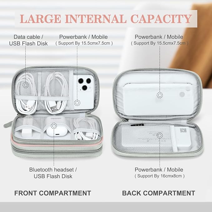 FYY Electronic Organizer, Travel Tech Pouch Bag, Cable Organizer Light Pink | Wrist Strap, Waterproof, Double Layers Portable Electronics Travel Carrying Case for Cord, Charger, Daily Business Trips Use - Image 3