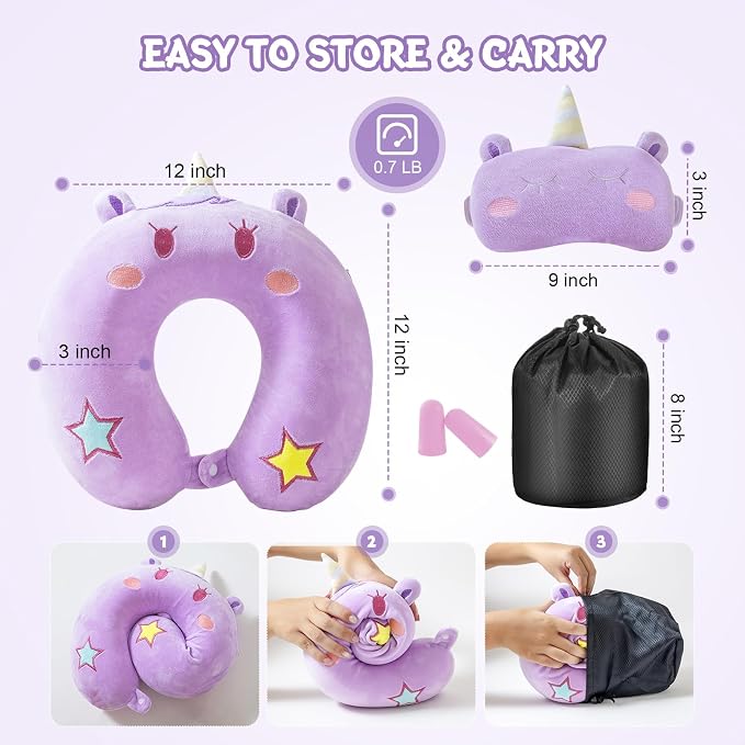 Cirorld Travel Pillow for Kids Adult Cute Neck Pillow for Traveling Memory Foam Airplane Pillow Sleep Mask Animal Flight Pillow Head Rest Neck Support for Cars Long Flights (Purple, 9-12 Y/O) - Image 7