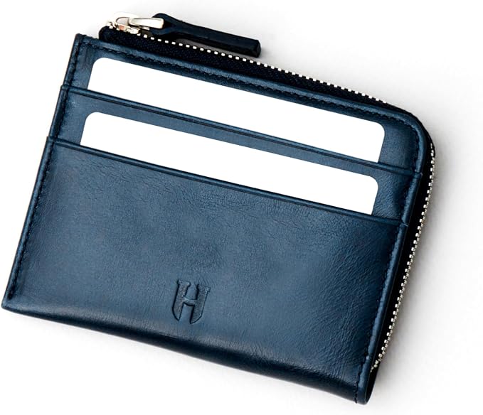 RFID Blocking Zipper Wallet, Slim Business Card Holder, Men & Women, Handcrafted Full-Grain Leather, Gift Box & Pouch, Christmas & Birthday, Navy Blue - Image 6