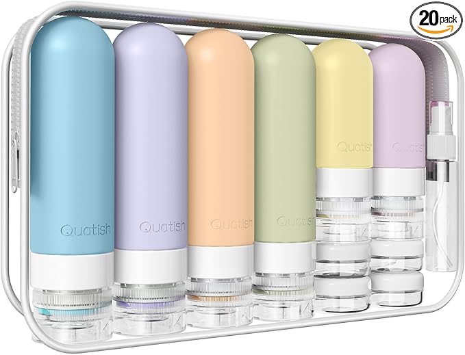 20 Pack Travel Bottles for Toiletries, Original Patented, TSA Approved Travel Size Containers, Leak Proof Silicone Shampoo and Conditioner Bottles Women & Men, Airplane Cruise Essentials, Light by Quatish