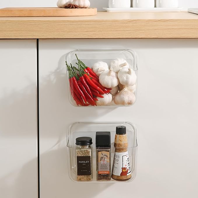 2 Pack Adhesive Cabinet Door Organizer, Compact Kitchen Under Sink Organizer, Clear Lid Storage Container for Pantry Shelves, Wall Mounted Bathroom Shower Caddy Hanging Closet Organizer - Image 2