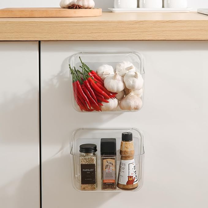 Kitchen Under Sink Cabinet Door Organizer, 4 Pack, Adhesive Clear Acrylic Wall Mount Shelf, Bathroom Makeup Storage Bins, Shower Caddy, Spice Rack, Drink Packet Sponge Dishwasher Pod Holder - Image 2