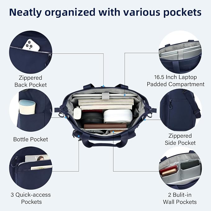 HanTrip Large Laptop Tote Bag with Luggage Sleeve for Travel Work,Navy Blue | 16.5 Inch Laptop Sleeve, 31L Zippered Tote Bags, Water Resistant, Water Bottle Pocket, Detachable Adjustable Shoulder Strap - Image 3