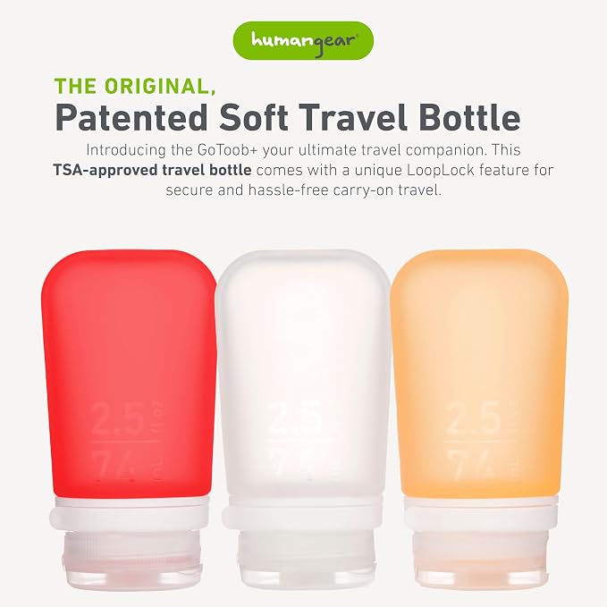 humangear GoToob+ 3-Pack, Medium (2.5 fl oz), Clear/Red/Orange | Refillable & Leak-Proof Silicone Travel Size Bottles with Locking Cap for Toiletries, Camping & TSA Carry-On - Image 2