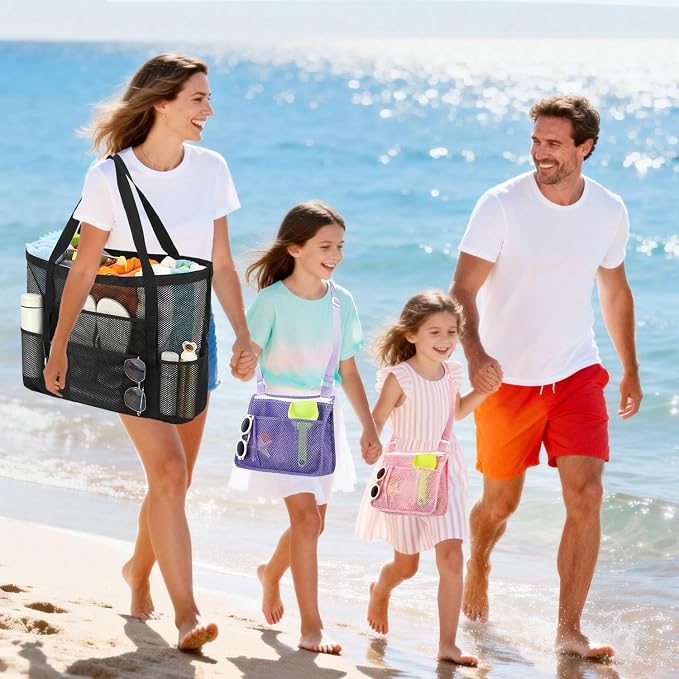 Fammart Mesh Beach Bag for Women, Large Beach Toy Pool Bag with Zipper Pocket, SandProof Cruise Essentials 2026 Family Travel - Image 2