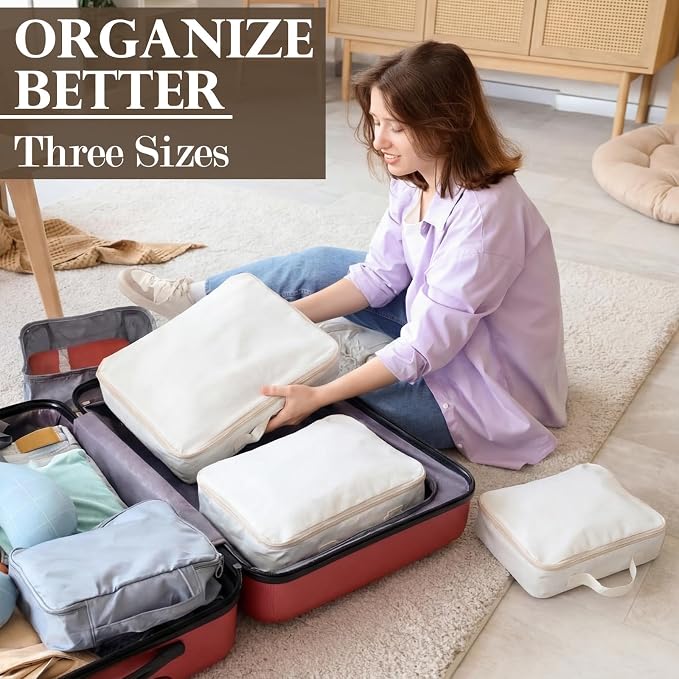 Shinymoon 3 Set 100% Cotton Packing Cubes with Handles,Zippers, Clothes Shoes Organizer(3 Sizes,Regular,Beige) - Image 4