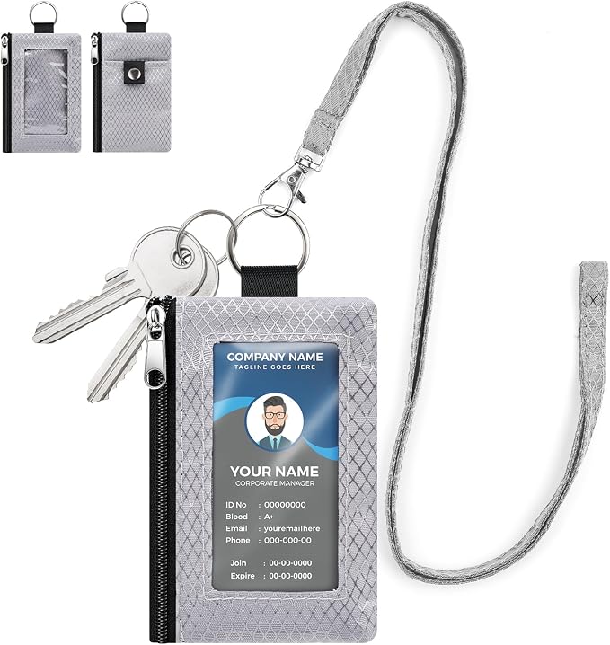 RFID Blocking Lanyard Wallet with ID Window Badge Holder Gray 1pc | Slim, Small, Keychain Wallet, Traval Neck Wallet, Zipper Pouch, for Cards Cash Coins by SIDESUGAR