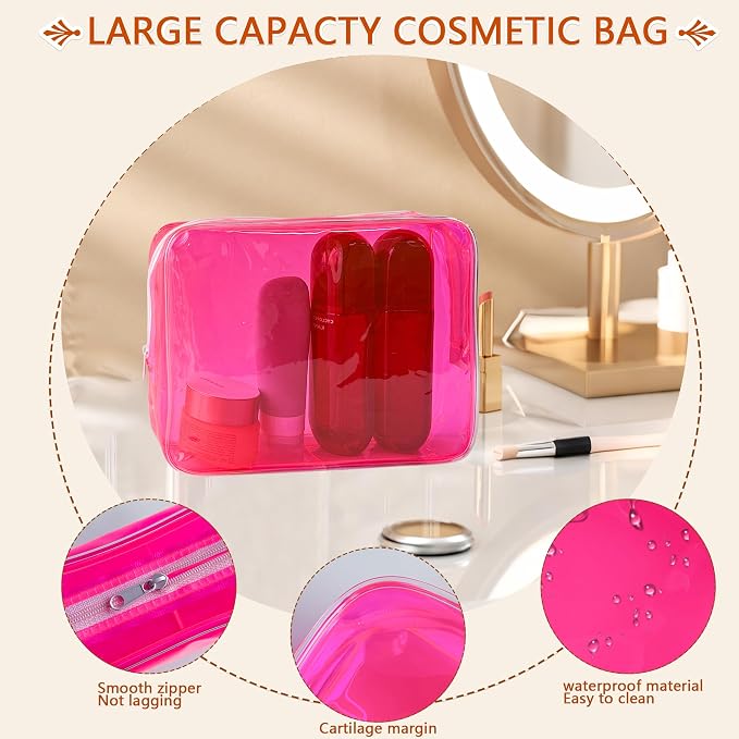 Waterproof PVC Makeup Bag - Leakproof Cosmetic Organizer for Travel Toiletry Storage 9.84×7.09×2.36 Inch for Women & Men (Pink) - Image 3