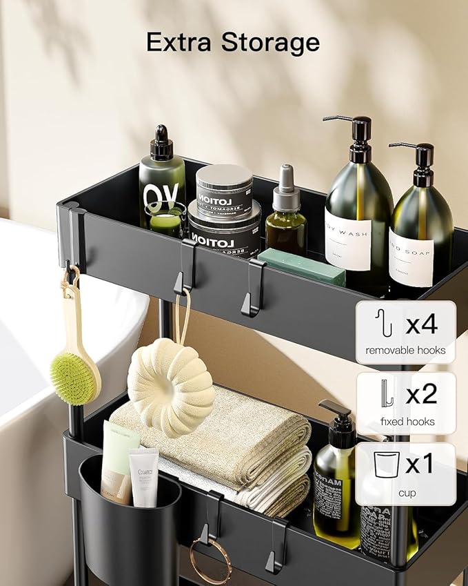 Pipishell 3 Tier Bathroom Storage Cart, Slim Storage Cart with Wheels,Black | 7.1 inch Wide - Fits Narrow Spaces, 1 Storage Cup and 6 Hooks, Ventilation Holes, Durable ABS Material, Detachable Wheels - Image 3