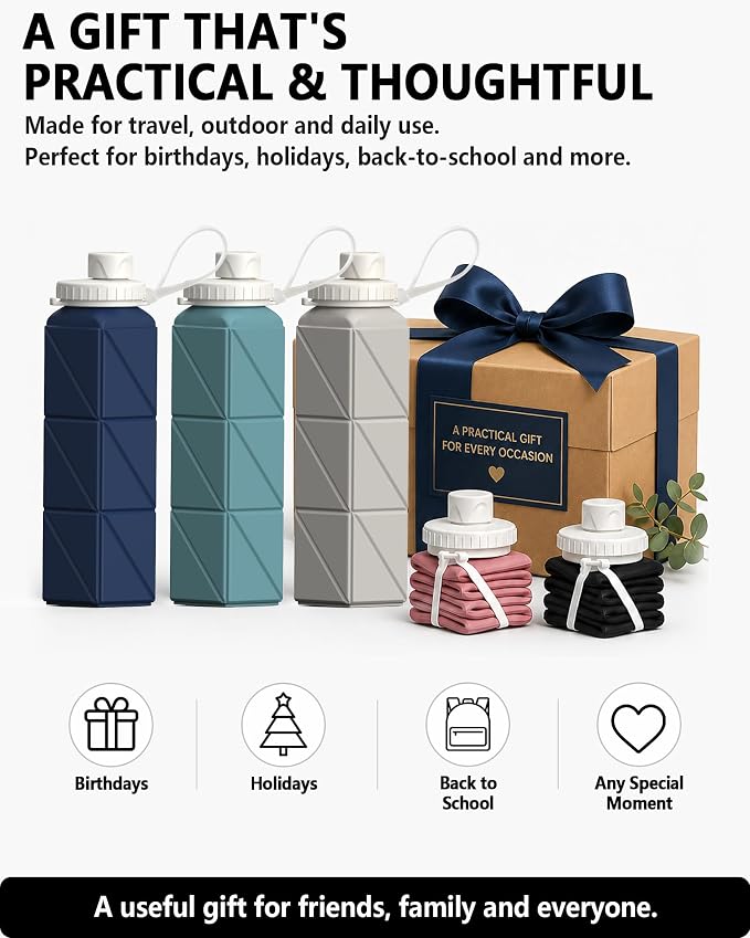 BEAUTAIL Collapsible Water Bottles 21oz/610mL, Silicone Travel Water Bottle | BPA Free, Leakproof & Reusable, Foldable Water Bottle for Traveling, Hiking, School, Sports, Outdoor, 2-Pack, Black+DarkBlue - Image 8