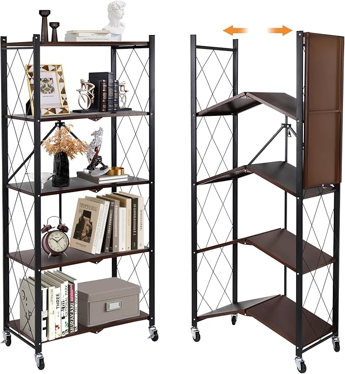 5-Tier Foldable Storage Shelves with Wheels,Folding Bookshelf no Assembly | Folding Metal Shelf Unit, Collapsible Shelves for Craft Shows for Kitchen, Bedroom, Living Room, Rustic Brown by YUANJIMI