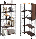5-Tier Foldable Storage Shelves with Wheels,Folding Bookshelf no Assembly | Folding Metal Shelf Unit, Collapsible Shelves for Craft Shows for Kitchen, Bedroom, Living Room, Rustic Brown by YUANJIMI