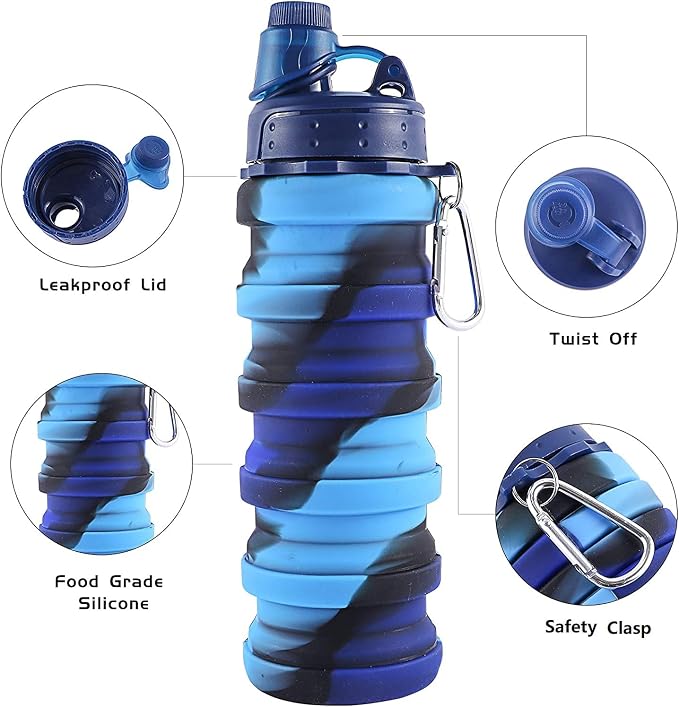 Collapsible Water Bottles 3 pack 500ML (Colorful) | Travel Water Bottle Portable Hiking Water Bottle with Leak proof Reusable BPA Free Silicone Water Bottles. - Image 3