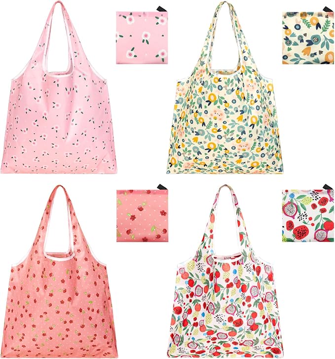4 Pcs Reusable Grocery Bags, Foldable Shopping Bags Heavy Duty, Large Nano Bag Cute Tote Bag for Daily Shopping, Waterproof and Machine Washable (Flowers) by Unknown
