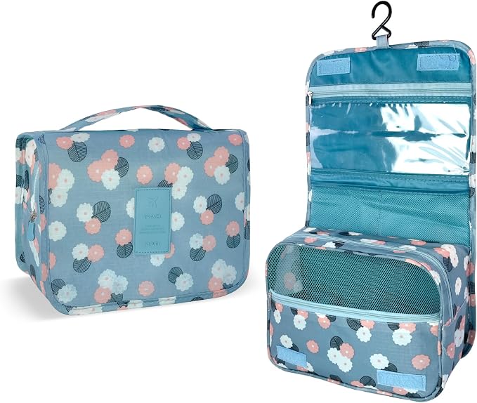 Lcsmaokin Large Capacity Toiletry Bag Travel Bag with Hanging Hook for Men and Women Waterproof Travel Cosmetic Bag Bathroom Storage Bag for Brushes Set,Full-Sized Shampoo,Accessories-Blue Flower - Image 2
