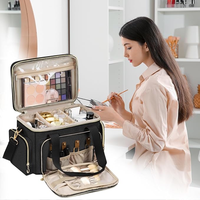 GDNasist Large Makeup Bag, Portable Travel Makeup Bag Organizer | Cosmetic Travel Bag for Women Girls with Removable Shoulder Strap & Detachable Dividers, Toiletry Bag for Makeup Black - Image 5