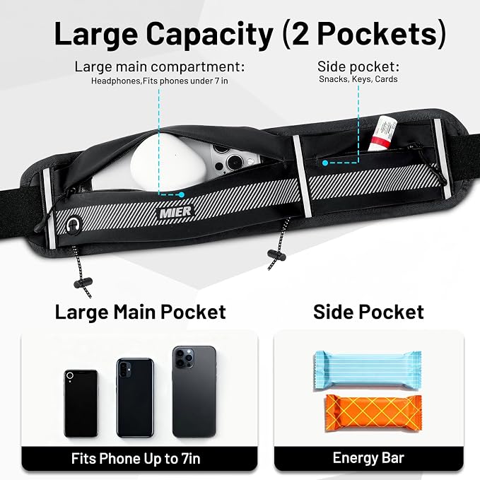 MIER Running Belt for Women & Men, Fanny Pack with Marathon Bib Clip, Black | Slim Adjustable Phone Holder Pouch; Reflective Waist Packs for Running Essentials; Waterproof Zipper Pockets - Image 3
