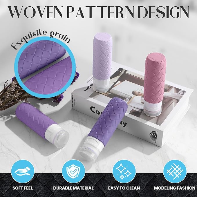 Silevoler Travel Bottles for Toiletries, TSA-Approved Travel Size Container | Woven Pattern BPA Free Silicone Leak Proof Refillable Liqus Shampoo And Conditioner Essentials Toiletry Bottles(Purple) - Image 2