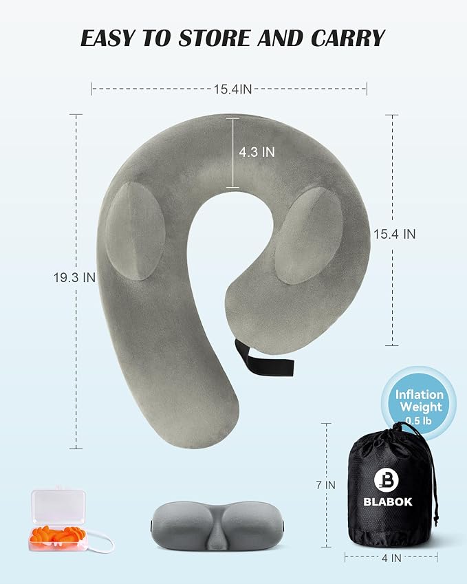 Patented Design Inflatable Travel Neck Pillow – Airplane Neck Pillow with 360° Head & Neck Support, Soft Washable Velvet Cover, Compact Neck Support Pillow for Airplane,Train,Car,Office & Home (Grey) - Image 6