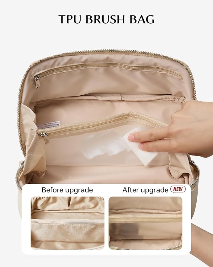 EACHY Travel Makeup Bag for Women, Personalized Initial J Cosmetic Bag | Personalized flat-open organizer with inner pockets, clear TPU brush pocket and reinforced handle for makeup and travel - Image 4