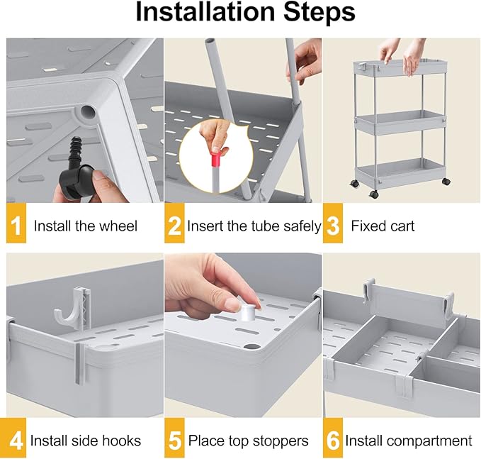 3 Tier Rolling Cart with Wheels, Storage Craft Art Trolley Organizer Serving, 3 Hanging Baskets Easy Assembly, for Office, Living Room, Kitchen, Gray - Image 4