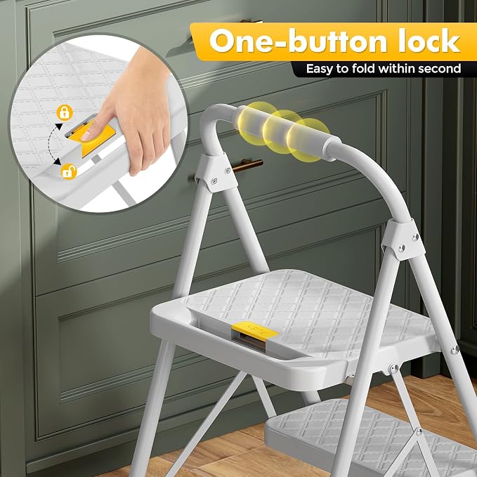 KINGRACK 2 Step Ladder, Folding Step Stool with Safety Lock & Sturdy Anti-Slip Pedals, Pass 800lbs Load Testing, Lightwegiht, Portable Steel Ladder with Handrails for Home, Kitchen, Garage, Office - Image 3
