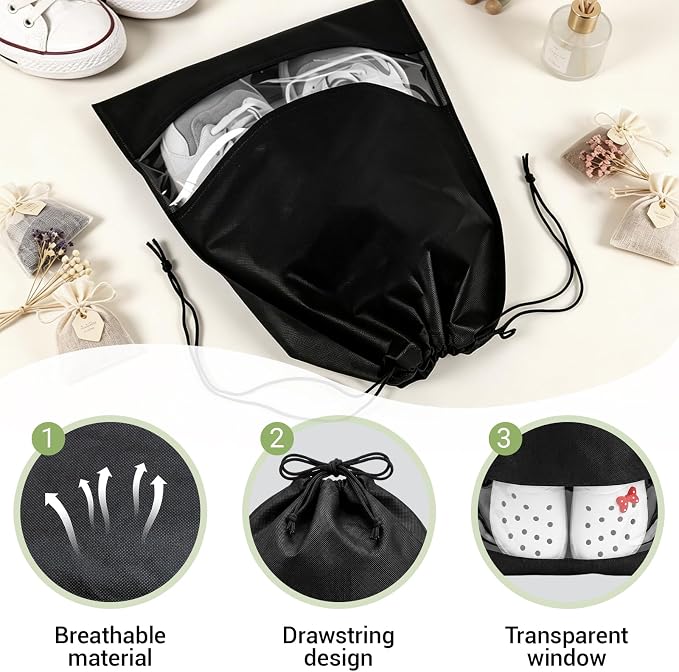 Travel Shoe Bags Non-Woven, Large Shoe Bags for Packing with Clear Window | 17.3" X 12.6" Dustproof Drawstring Travel Shoe Storage Bags Travel Essentials for Men & Women - Image 3