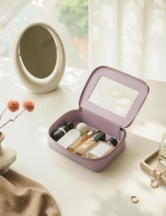 Clear Makeup Bag with Zipper Women Travel Toilrty Bag Purple Medium | Structured Clear Cosmetic Case, Car Essential Organizer Bag, Waterproof PU Leather, Dual Zipper, Wide Opening and Compact - Image 4