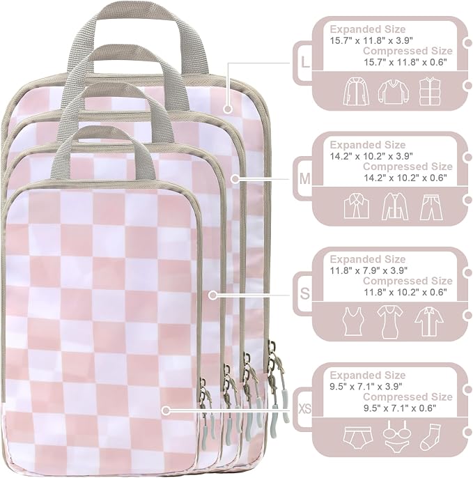 WOOMADA Compression Packing Cubes for Suitcases Travel Essentials 4 Set Expandable Travel Bags Organizer for Luggage(pink checkerboard) - Image 3