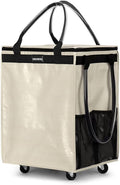 (Medium,Beige) Reusable Grocery Bag on Wheels, Foldable Rolling Tote, Carries Up to 66 lbs Shopping Trolley, Zipper Clouser Shopping Carts for Trips, Laundry, 4 Heavy Duty Wheels and 3 Handles by EROBSKJ