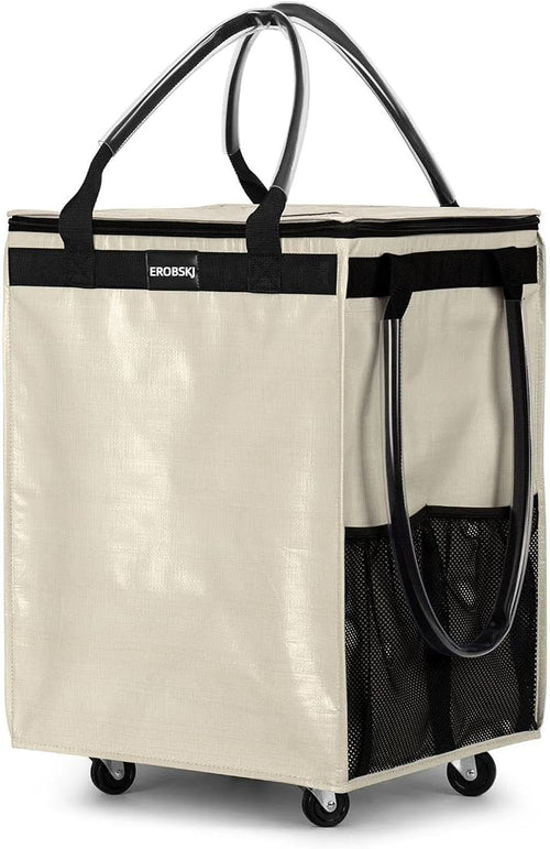 (Medium,Beige) Reusable Grocery Bag on Wheels, Foldable Rolling Tote, Carries Up to 66 lbs Shopping Trolley, Zipper Clouser Shopping Carts for Trips, Laundry, 4 Heavy Duty Wheels and 3 Handles by EROBSKJ