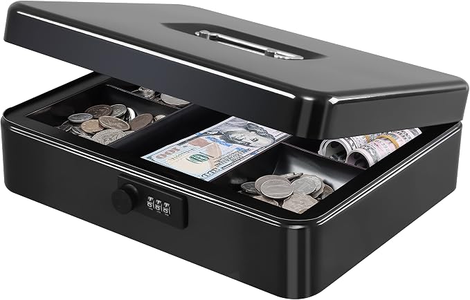 KYODOLED Metal Cash Box with Combination Lock Money Box for Cash Safe Metal Box with Money Tray for Security Lock Box 11.81"x 9.45"x 3.54" Black X Large by KYODOLED