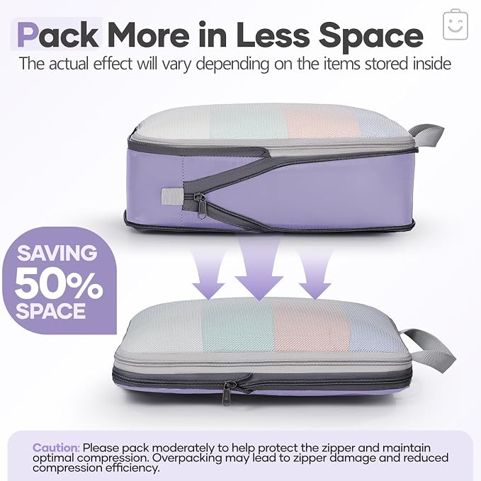 Veken 11 Set Compression Packing Cubes Garment Bags for Travel Essentials,Compressible Expandable Luggage Organizer Bags for Clothing,Space Saver Bags with Over 1000 pcs of Mesh Holes(Purple Gray) - Image 6
