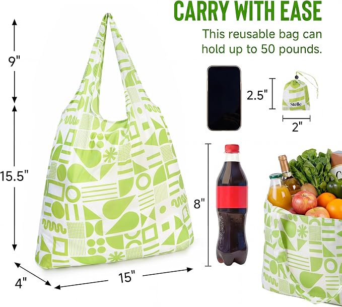 Stelle Lightweight Reusable Grocery Bag with Handles Ripstop Nylon Foldable Tote Shopping Bags for Travel and Groceries - Image 3
